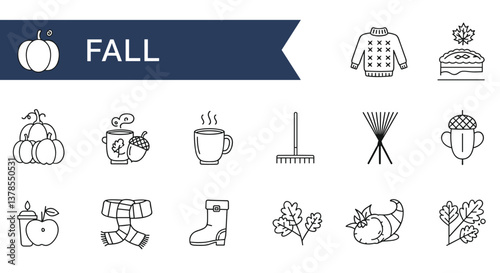 Fall season icons: pumpkins, sweater, pie, acorns, leaves, boots, and more!