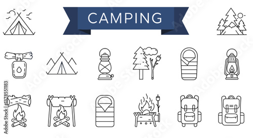 Camping Gear Line Icons Set