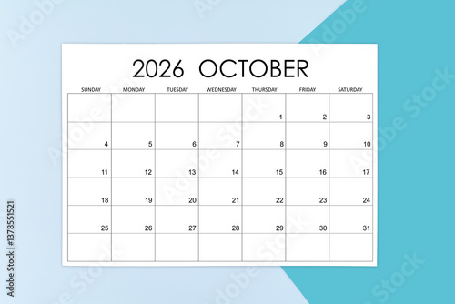 October calendar card for 2026 year on blue background.