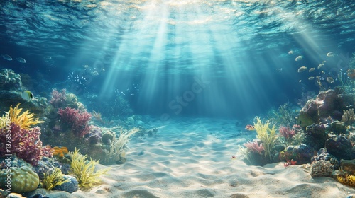 Underwater seabed with reef and sunlight
