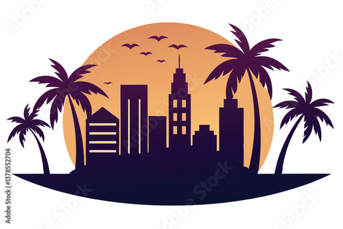 Miami Beach Skyline Silhouette with Palm Trees and Birds against Gradient Sky