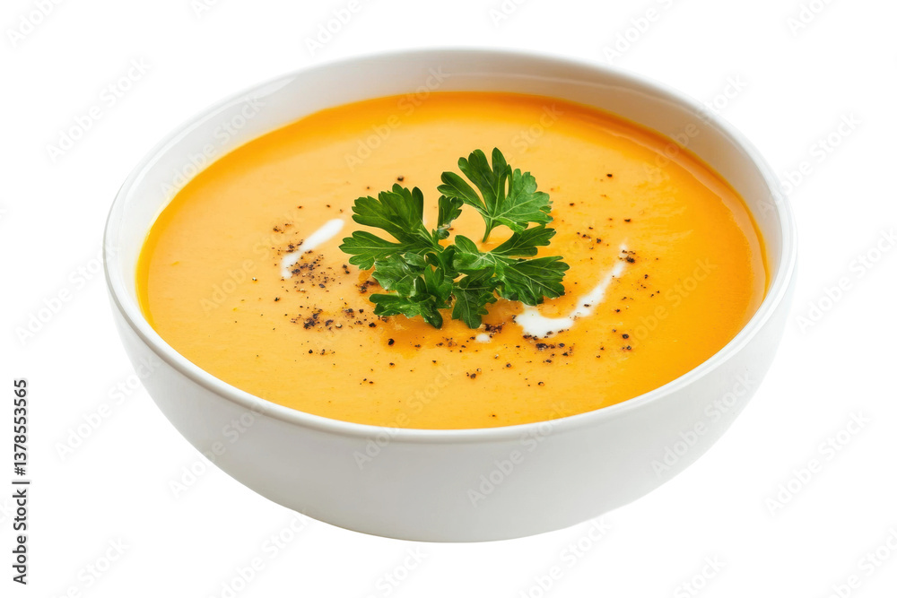 Creamy pumpkin soup garnished with fresh parsley in a white bowl, cut out Creamy pumpkin soup garnished with fresh parsley in a white bowl, cut out