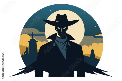 Mysterious Cowboy Figure with Hat against Moonlit Cityscape Silhouette Art