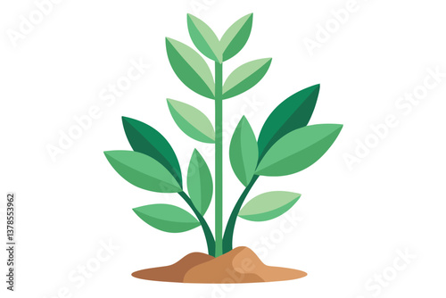 Flat Young Plant Growing from Soil with Green Leaves on White Background