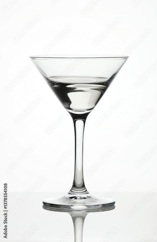 Isolated empty cocktail glass against white background. Transparent martini glass stands on a mirrored surface. Simple elegant minimalist bar drinkware glass, elegant shape. Isolated empty cocktail glass against white background. Transparent martini glass stands on a mirrored surface. Simple elegant minimalist bar drinkware glass, elegant shape.
