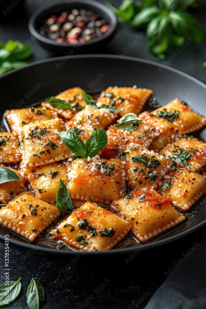 Delicious ravioli in tomato sauce garnished with fresh herbs and spices Delicious ravioli in tomato sauce garnished with fresh herbs and spices