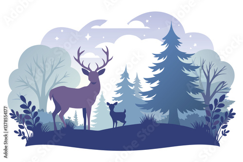 of Doe and Deer in Blue Forest Silhouette with Stars, Transparent