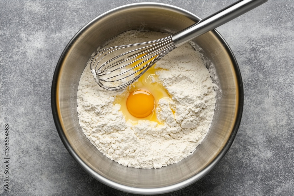 Bowl of flour and eggs with a yolk and a metal whisk. Bakery process. Bowl of flour and eggs with a yolk and a metal whisk. Bakery process.