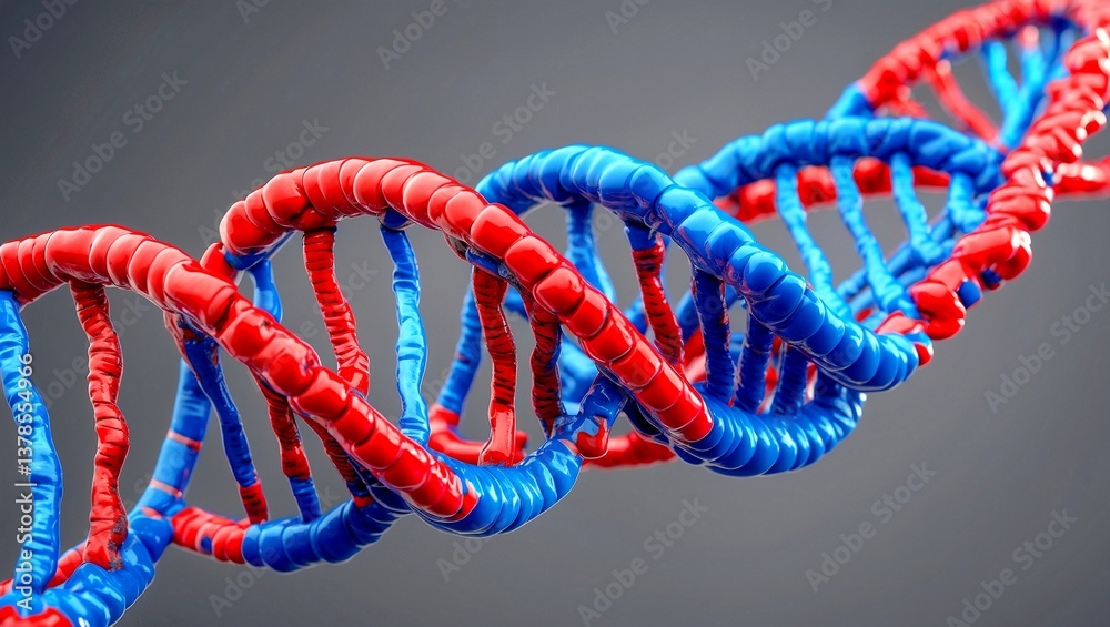 Vibrant red and blue dna helix on grey background Vibrant red and blue dna helix on grey background