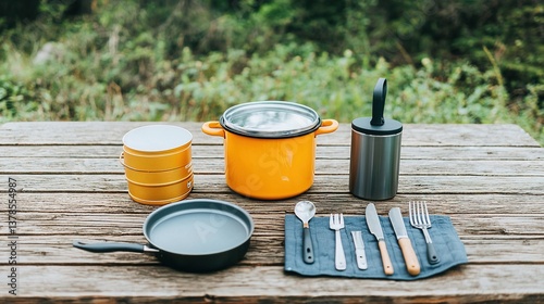 Compact all-in-one camping cookware set for outdoor adventures scenic forest lifestyle open air nature exploration