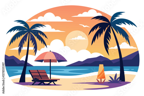 Paradise Beach With Palm Trees, Sun, Chair, Umbrella, and Ocean View