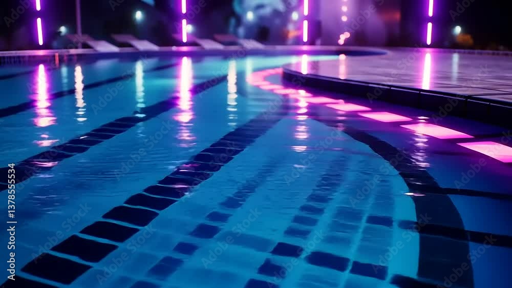 Serene night pool scene with vibrant neon lights reflecting on the water surface