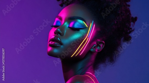 Ethereal beauty with neon face art glowing under vibrant ultraviolet lights