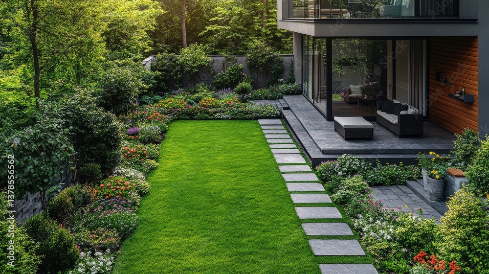 Naklejka premium Lush garden with vibrant flowers and a modern home, showcasing serene outdoor living space