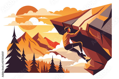 Rock Climber on Mountain with Sunset Background Nature