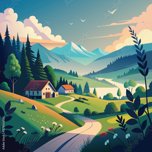 A Peaceful Countryside Farm with Rolling Green Hills, Wooden Fences, and a Bright Blue Sky Overhead