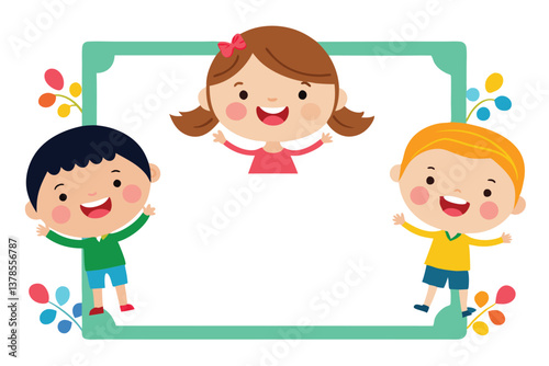 Happy Kids With Cheerful Girl and Boys Waving Hands and Floral Decoration
