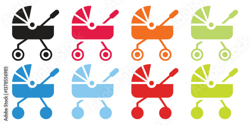 Baby carrier icons, colorful baby carriage icons vector set isolated on white background.