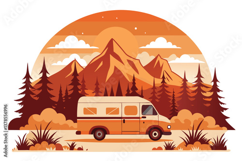 Scenic Campervan Adventure Mountains, Sunrise, Trees in Orange Hues