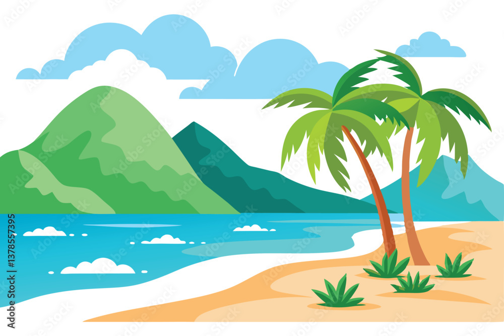 Obraz premium Serene Tropical Beach With Palm Trees, Green Mountains and White Clouds Art