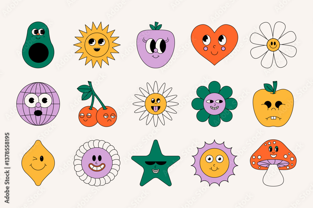 Fototapeta premium Retro groovy stickers. Funky 70s cartoon sticker elements, Y2K positive decorative objects with hippie vibe, trippy daisy flower heart boho icons. Vector set