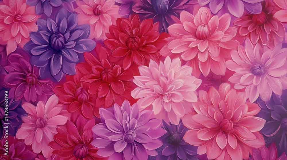 Full frame of a bright pink and purple dahlia floral backdrop, with countless vibrant flowers in full bloom Full frame of a bright pink and purple dahlia floral backdrop, with countless vibrant flowers in full bloom