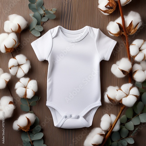 white baby onesie flat lay mockup with cotton plants on background, top view   photo