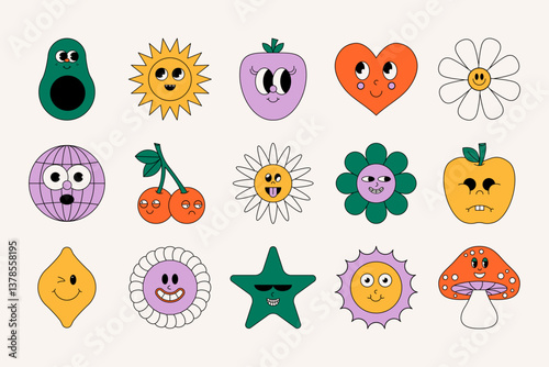 Retro groovy stickers. Funky 70s cartoon sticker elements, Y2K positive decorative objects with hippie vibe, trippy daisy flower heart boho icons. Vector set
