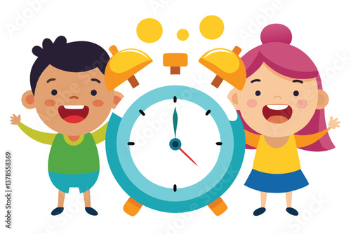 Joyful Kids with Cartoon Clock on White Background Design