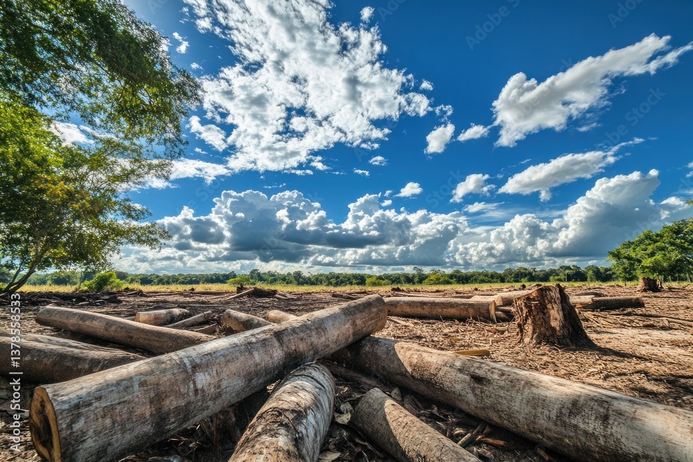 Logs scattered in a clearing under a bright blue sky Logs scattered in a clearing under a bright blue sky
