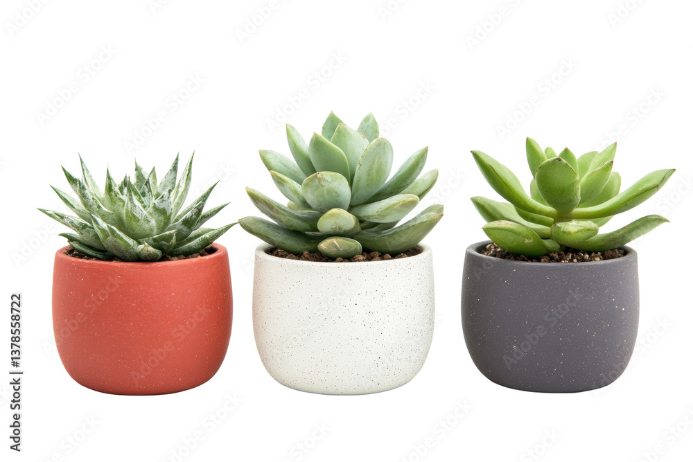 Trio of succulent plants in colorful pots on white background, cut out Trio of succulent plants in colorful pots on white background, cut out