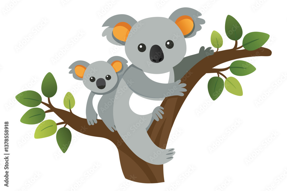 Obraz premium Koala Mom and Baby in Tree Cartoon on Transparent Background