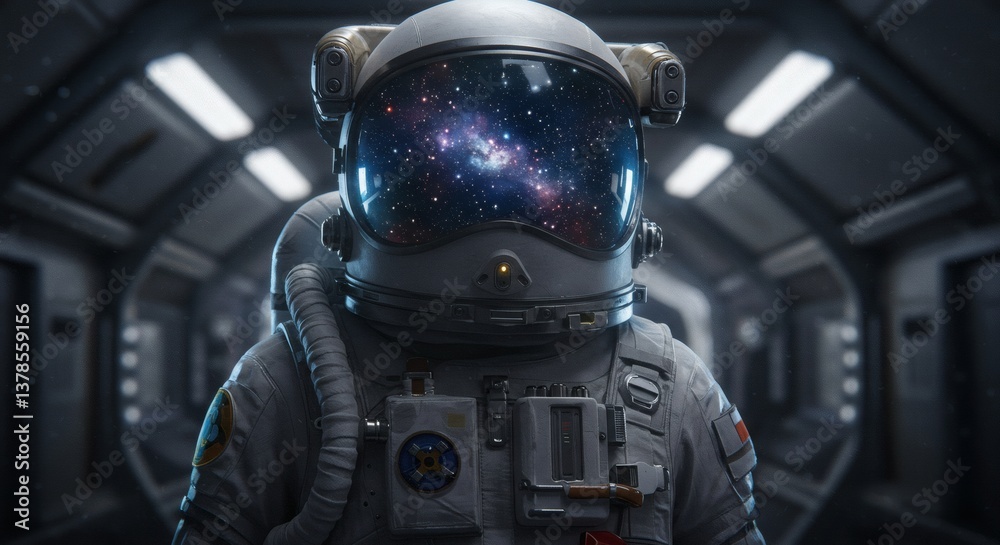 Fototapeta premium Astronaut Staring at Galaxy Reflection in Helmet Inside Space Station
