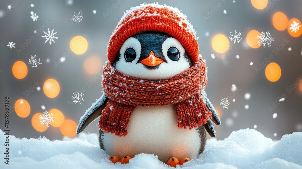 Festive Penguin Cheer: Red Knit & Bokeh Snow, blurred background Festive Penguin Cheer: Red Knit & Bokeh Snow, blurred background