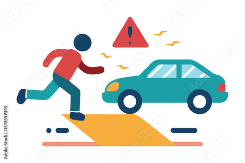 Man Runs Flat Style, Car, Triangle Sign, Geometric, Colorful, on Transparent