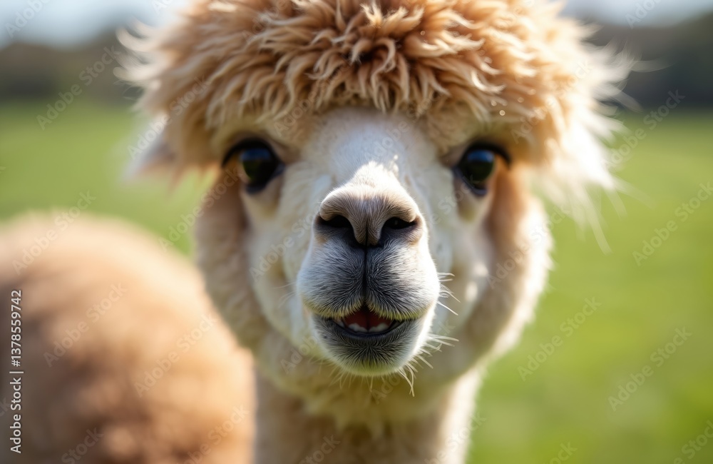 Fototapeta premium Adorable alpaca portrait close-up. Cute animal with soft fur, big eyes. Farm animal, llama, camel in natural environment, green grass background. Wildlife photo from zoo.