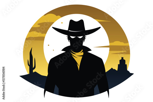 Silhouette Cowboy with Hat and Bandana in Desert Landscape, Transparent Background