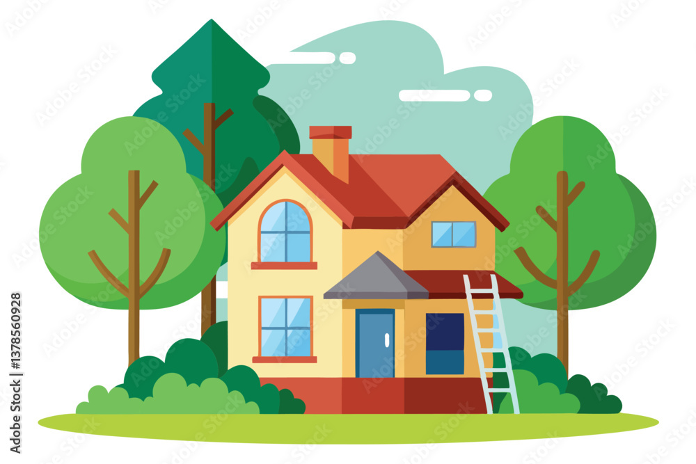 Naklejka premium of Two Story House with Trees and Ladder on White Background
