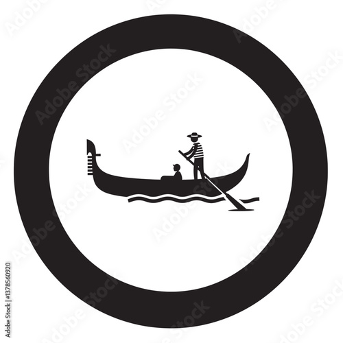 Venetian Gondola Icon: Iconic silhouette of a gondola gliding through Venetian waters, carrying passengers under the expert guidance of a gondolier, encased in a simple black circle.
