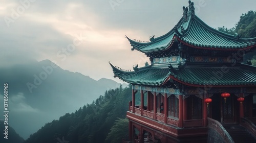 mountain, with ornate carvings, a sweeping roofline, and colorful lanterns illuminating the peaceful environment.