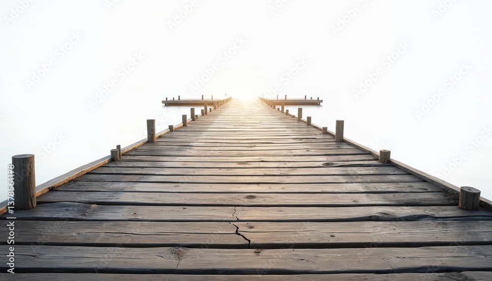 Fototapeta premium Wooden pier extends towards horizon, leads into the light. Morning sunrise, ocean water. Coastal landscape, tranquil vacation spot. Dock for boats, empty, serene, peaceful scene for travel.