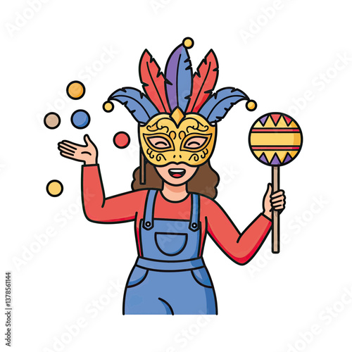 Carnival Juggler: A festive figure wearing a feathered mask juggles colorful balls, holding a maraca, embodying the lively spirit of celebration.