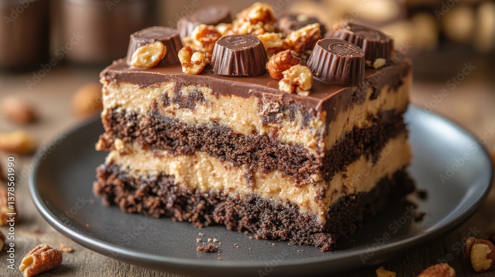 Decadent chocolate cake layered with cream and walnuts. Rich, dark chocolate glaze on a sleek black plate. A sweet indulgence! Decadent chocolate cake layered with cream and walnuts. Rich, dark chocolate glaze on a sleek black plate. A sweet indulgence!