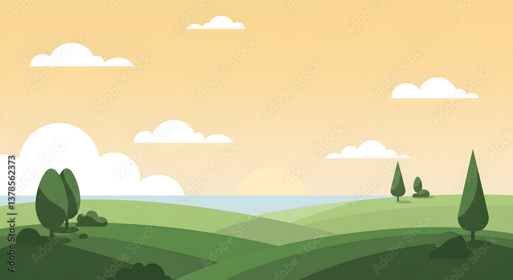 Fototapeta premium Sunset Over Rolling Hills: Minimalist Landscape Illustration
