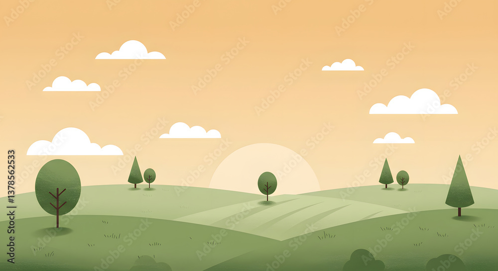 Fototapeta premium Sunset over Gentle Rolling Hills, Simplified Landscape Illustration
