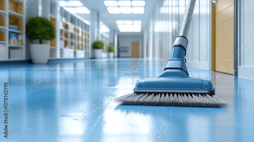 Wallpaper Mural Cleaning equipment gliding over a shiny floor in a modern office corridor with shelves Torontodigital.ca