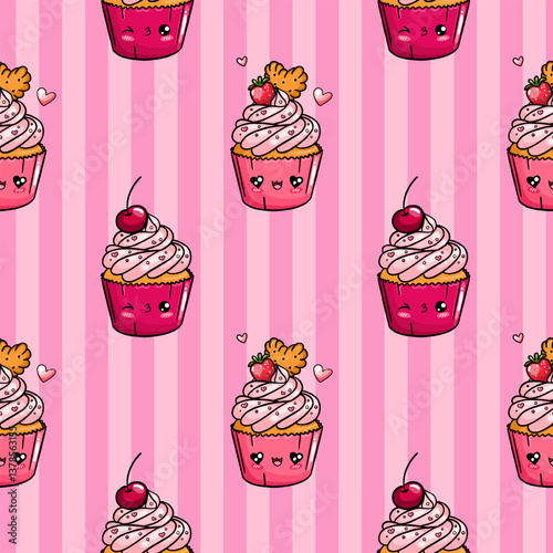 Seamless pattern with cute cupcakes characters on pink striped background. Vector design for print, fabric, wallpaper or wrapping paper.