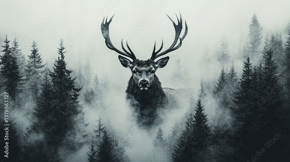 A double exposure image featuring a deer in the forest with a grunge effect, symbolizing the connection between nature, wildlife, and the harmonious balance of the natural world