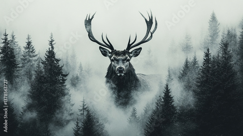 Obraz na płótnie A double exposure image featuring a deer in the forest with a grunge effect, symbolizing the connection between nature, wildlife, and the harmonious balance of the natural world w salonie