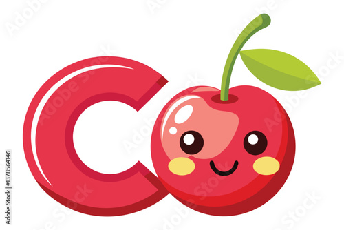 Red 'C' Letter with Cartoon Cherry Character, Smile, Eyes on White Background